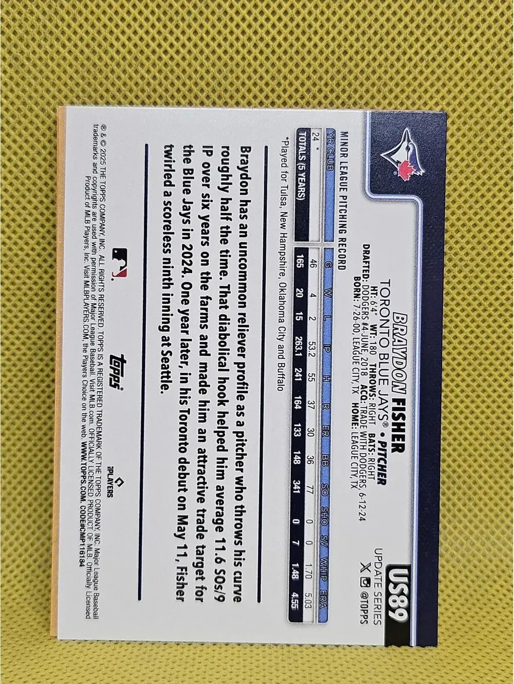 2025 Topps Update #US89 - Braydon Fisher  - Blue Jays - Rookie Card